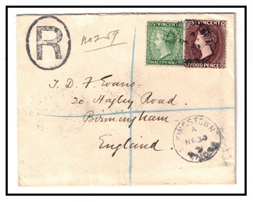 ST.VINCENT - 1891 4 1/2d rate registered cover to UK used at KINGSTOWN.