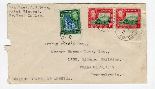 ST.VINCENT - 1948 2 1/2d rate cover to USA used at BEQUIA/ST.VINCENT.