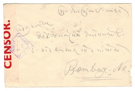 ADEN - 1940 PASSED BY CENSOR/No.8 cover to India.