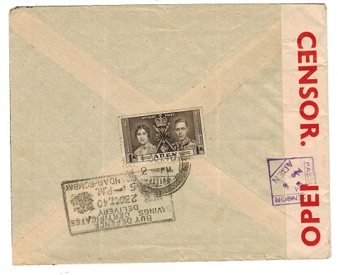 ADEN - 1940 PASSED BY CENSOR/No.6 cover to India