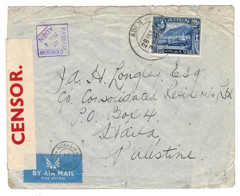 ADEN - 1941 PASSED BY CENSOR/No.4 cover to Palestine.