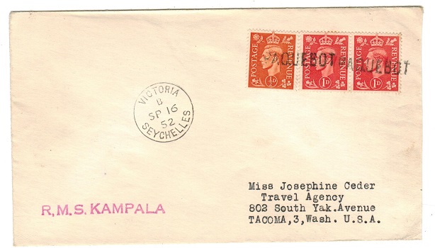 SEYCHELLES - 1952 R.M.S.KAMPALA maritime cover to USA with GB adhesives cancelled PAQUEBOT.