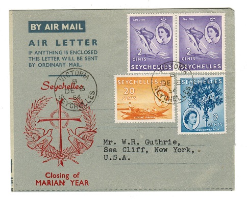 SEYCHELLES - 1954 FORMULA air letter to USA with CLOSING OF MARIAN YEAR overprint in red.