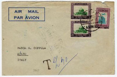 TRANSJORDAN - 1958 under paid cover to Italy with tax mark.