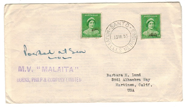 NEW HEBRIDES - 1953 M.V.MALAITA maritime cover from SANTO.