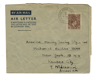 NIGERIA - 1948 6d postal stationery air letter addressed to USA cancelled OKE ADO. H&G 1.
