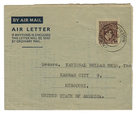 NIGERIA - 1948 6d postal stationery air letter addressed to USA cancelled ENUGU. H&G 1.
