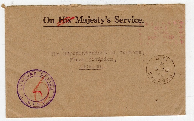 SARAWAK - 1952 local stampless cover with red MIRI/OFFICIAL/POST PAID h/s.