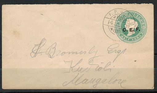 INDIA (C.E.F.) - 1900 1/2a PSE to Mangalore used at F.P.O./No.6.  H&G 3.