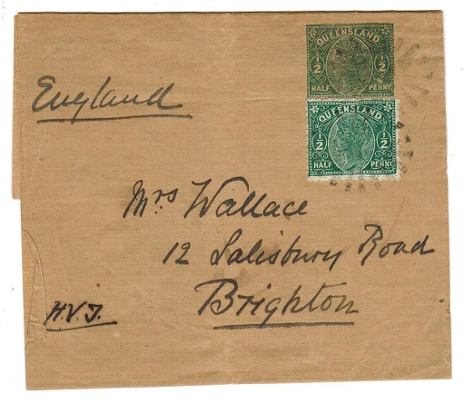 QUEENSLAND - 1892 1/2d postal stationery wrapper uprated to UK.  H&G 1.