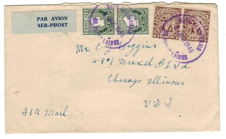 IRELAND - 1948 cover to USA used at LATH UA GOORMAIO with cancellator in violet.