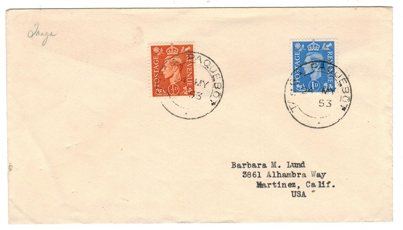 K.U.T. - 1953 cover to USA with GB adhesives cancelled TANGA/PAQUEBOT.