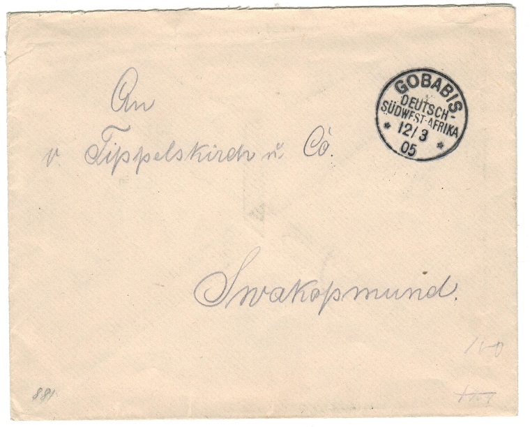 SOUTH WEST AFRICA - 1905 stampless cover from GOBABIS.