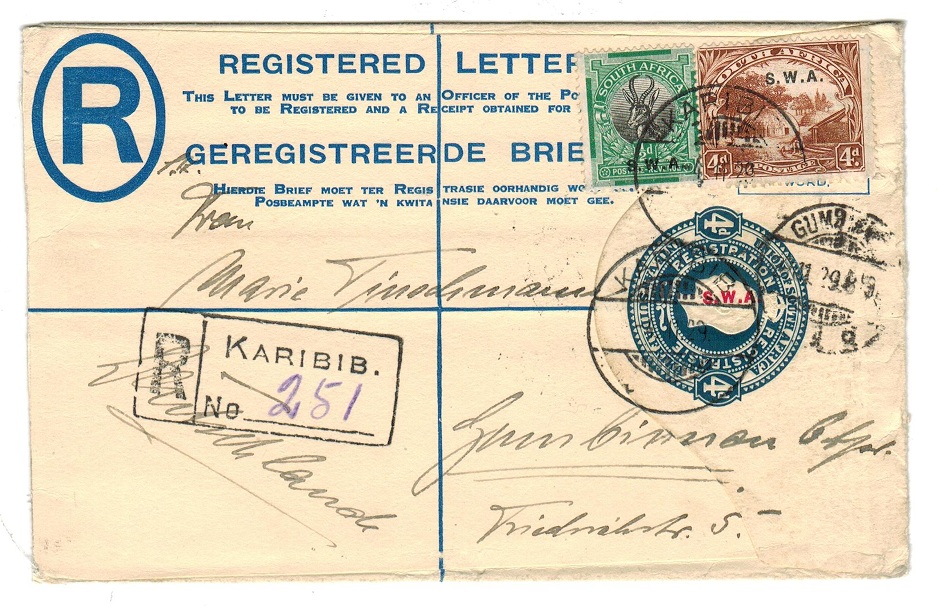 SOUTH WEST AFRICA - 1928 4d RPSE uprated and used from KARIBIB.  H&G 10.