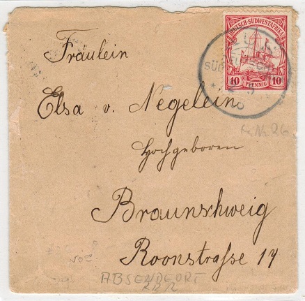 SOUTH WEST AFRICA - 1908 small cover to Germany with 10pfg adhesive used at AUS.