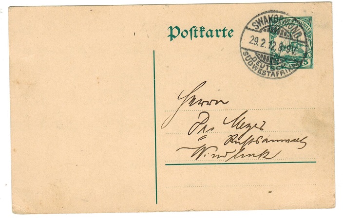 SOUTH WEST AFRICA - 1912 5pfg PSC used locally from SWAKOPMUND.  H&G 19.