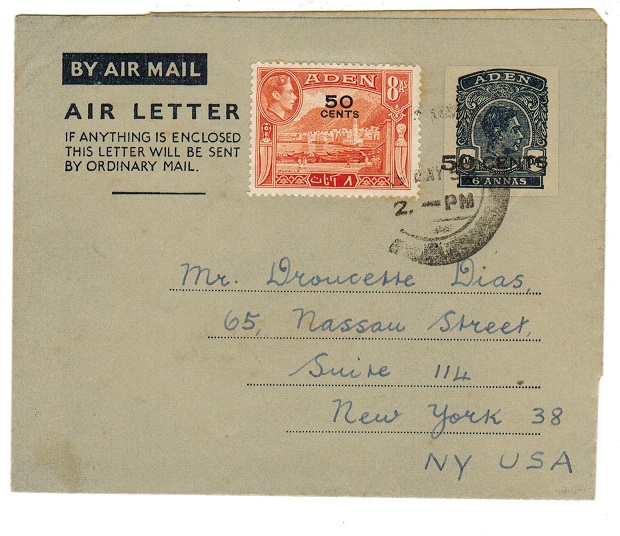 ADEN - 1952 50c on 6a air letter uprated to USA and with BROKEN FRAME ABOVE AD variety.  H&G 4.