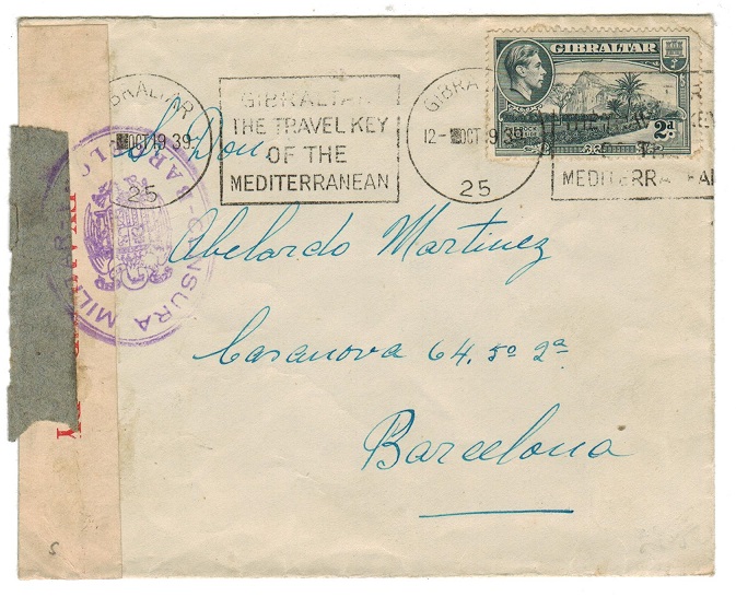 GIBRALTAR - 1939 2d rated cover to Spain with both Gibraltar and Spanish censor labels.