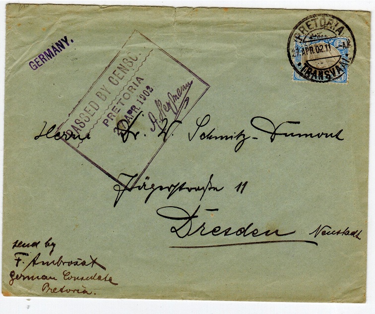 TRANSVAAL - 1902 PASSED BY CENSOR/PRETORIA cover.