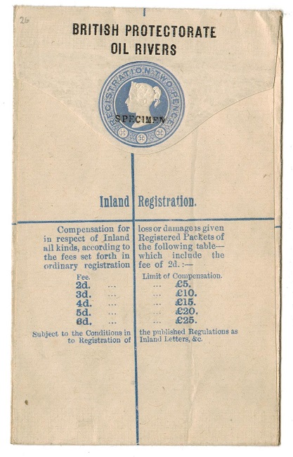 NIGER COAST - 1892 2d RPSE (size F) handstamped SPECIMEN.  H&G 3.