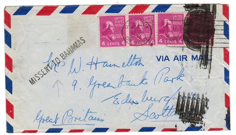 BAHAMAS - 1952 MISSENT TO BAHAMAS cover.