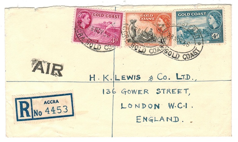 GOLD COAST - 1956 registered cover to UK with AIR instructional handstamp.