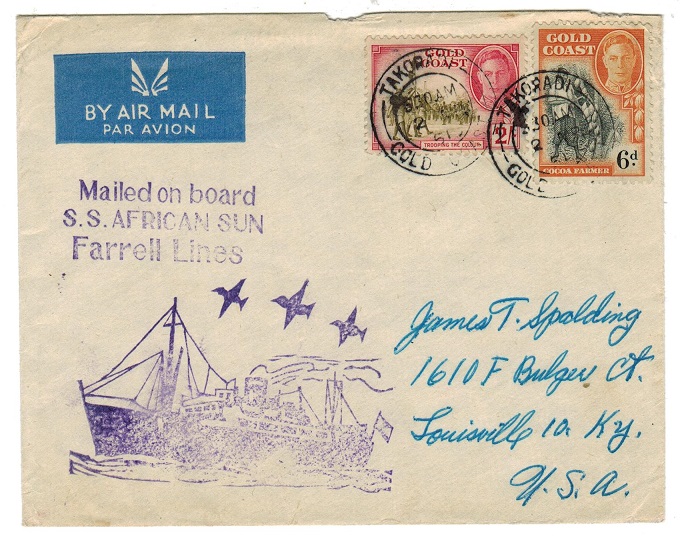 GOLD COAST - 1951 S.S.AFRICAN SUN cacheted maritime cover to USA.
