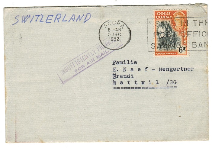 GOLD COAST - 1952 cover to Switzerland with INSUFFICIENTLY PREPAID/FOR AIR MAIL h/s.