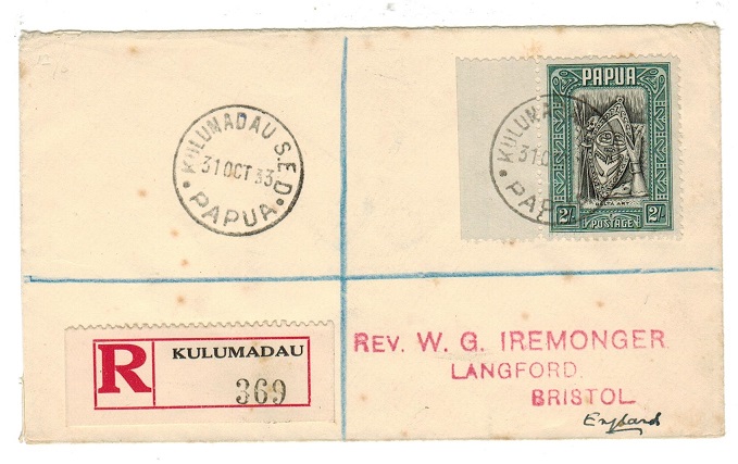 PAPUA - 1933 2/- registered cover to UK used at KULUMADAU.