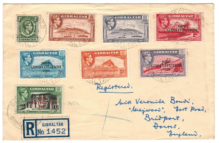 GIBRALTAR - 1950 registered cover to UK with 1/- (SG 143a) BROKEN R variety.