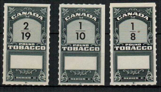 CANADA - 1970 (circa) range of three (series C) CANADA/TOBACCO labels in black on cream paper.