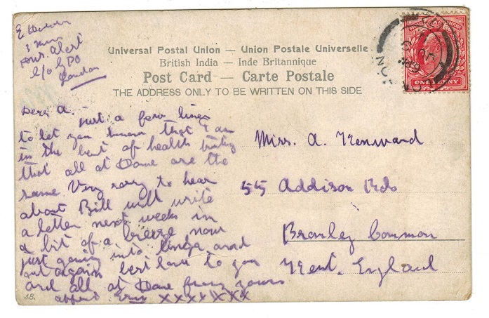 BR.P.O.IN E.A. - 1911 use of postcard ex H.M.S.Alert stationed at Muscat.