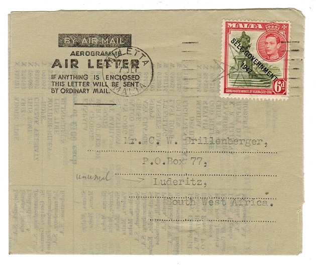 MALTA - 1955 6d use of FORMULA air letter to South West Africa.