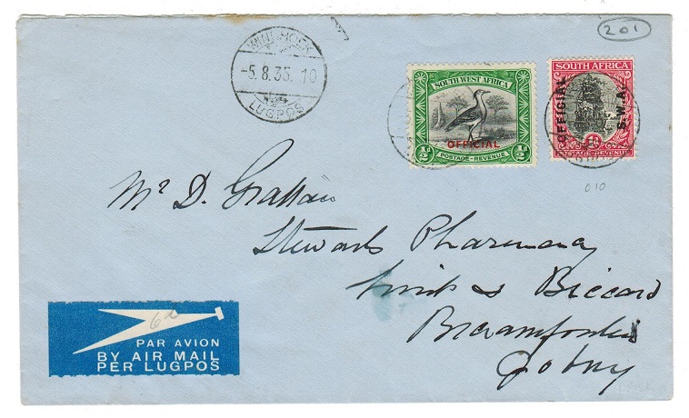 SOUTH WEST AFRICA - 1935 1/2d+1d OFFICIAL overprint use on cover to Johannesburg.