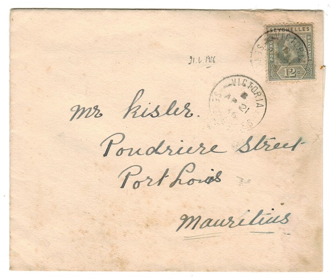 SEYCHELLES - 1936 12c cover to Mauritius used at VICTORIA.