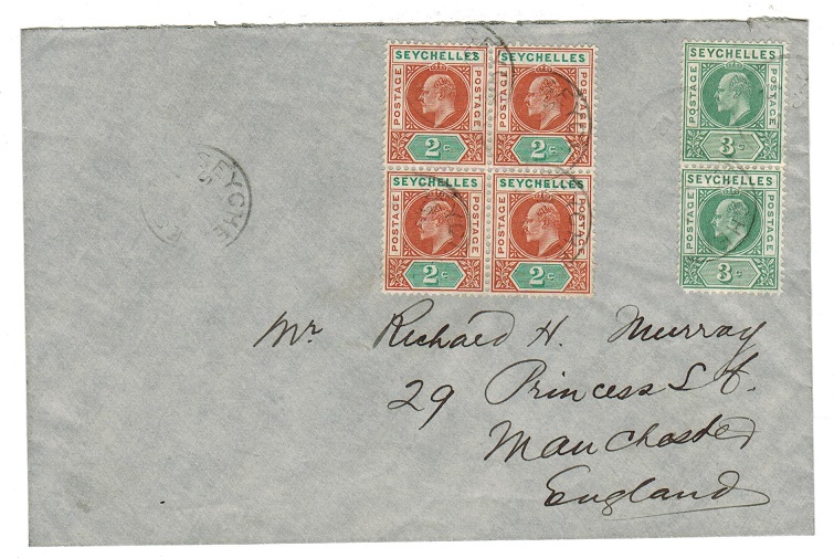 SEYCHELLES - 1912 cover to UK with 2c (x4)+ 3c (x2) Edward adhesives used at SEYCHELLES.
