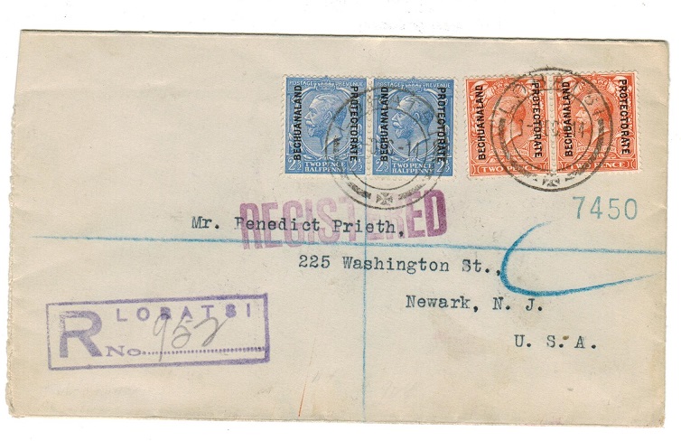 BECHUANALAND - 1914 registered cover to USA used at LOBATSI.
