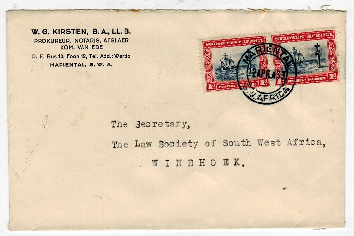 SOUTH WEST AFRICA - 1933 local cover used at MARIENTAL.