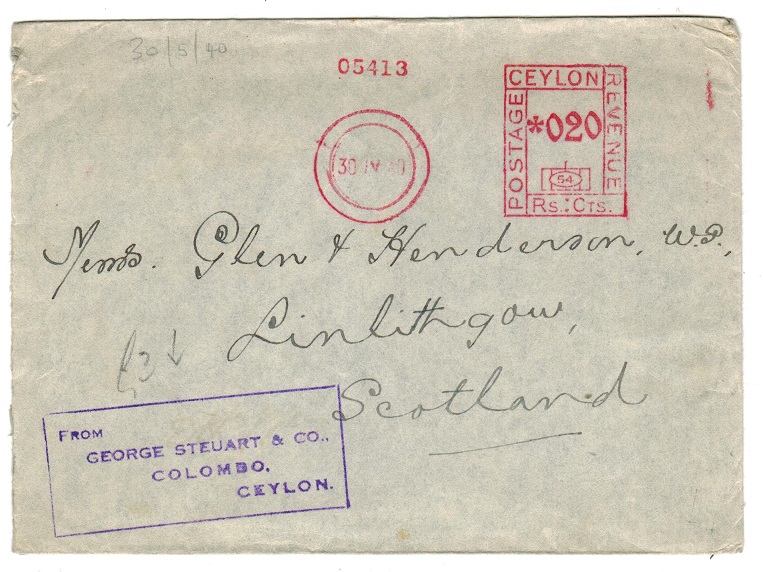 CEYLON - 1940 20c meter mark cover to Scotland.