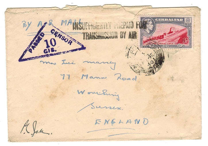 GIBRALTAR - 1940 censored FPO/475 cover to UK with INSUFFICIENTLY PREPAID h/s.
