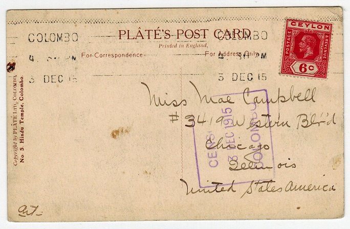 CEYLON - 1915 censored postcard to USA used at COLOMBO.