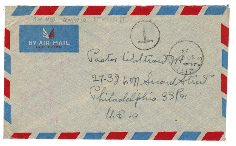 ST.KITTS - 1952 stampless cover to USA with 