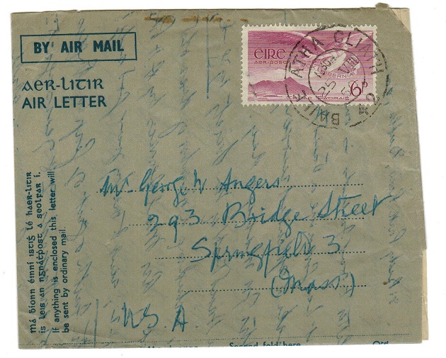 IRELAND - 1950 6d use on AIR LETTER to USA.