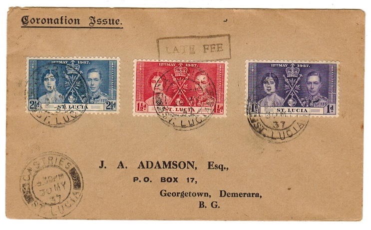 ST.LUCIA - 1937 cover to British Guiana with LATE FEE handstamp.