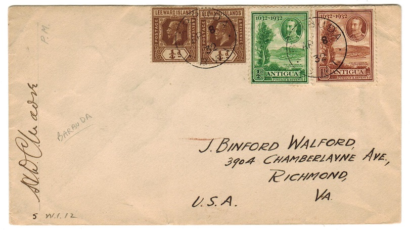 Barbuda - 1932 mixed issue cover to USA used at BARBUDA.