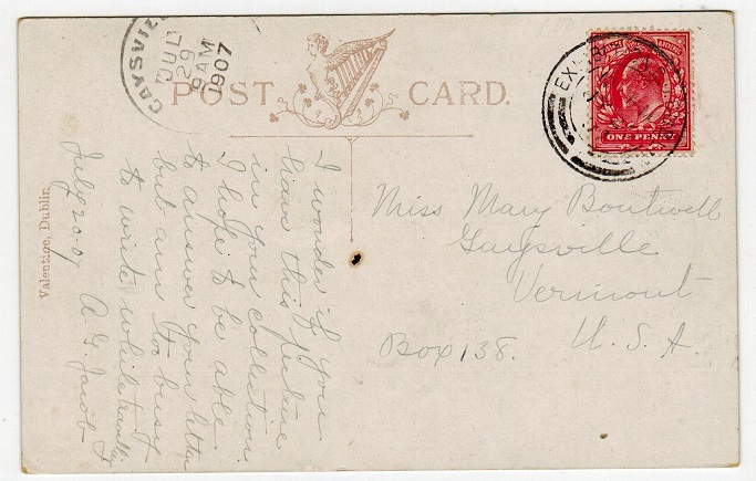IRELAND - 1907 postcard to USA cancelled EXHIBITION B.O./DUBLIN. 