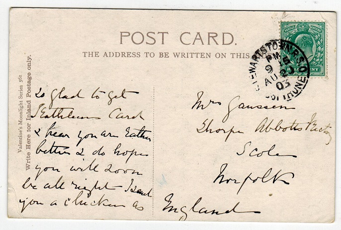 IRELAND - 1903 postcard to UK used at STEWARTSTOWN R.S.O. Co.TRUNE.