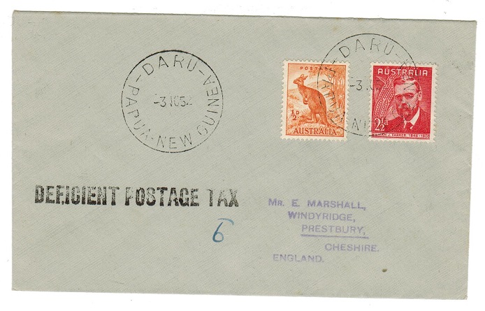 PAPUA - 1952 underpaid cover handstamped DEFICIENT POST TAX.