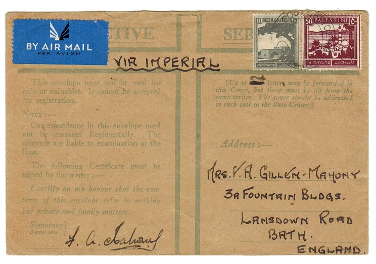 PALESTINE - 1941 (circa) FPO use of honour envelope to UK.