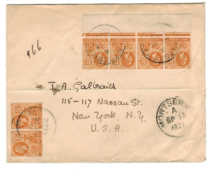 MONTSERRAT - 1921 9d rate cover to USA used at MONTSERRAT.